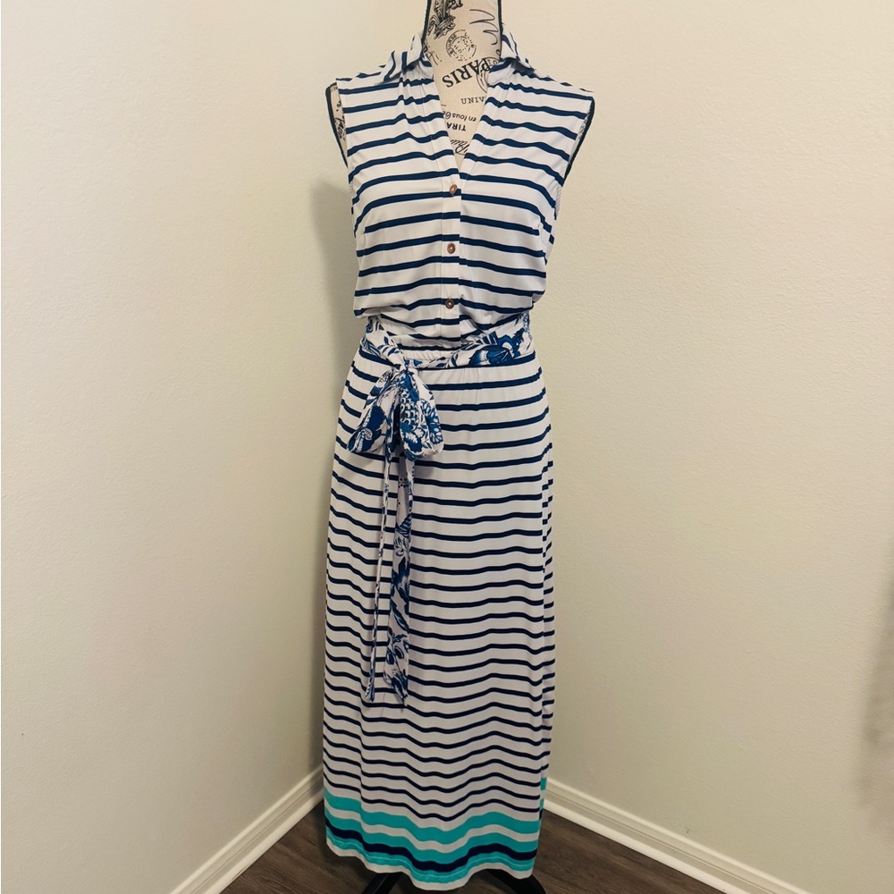 Talbots Blue and White Striped Top with Navy Trim